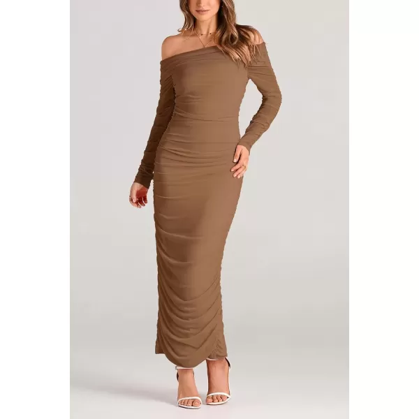 imagePRETTYGARDEN Womens Fall Off Shoulder Maxi Bodycon Dress Long Sleeve Ruched Fitted Club Dresses with SlitLight Brown