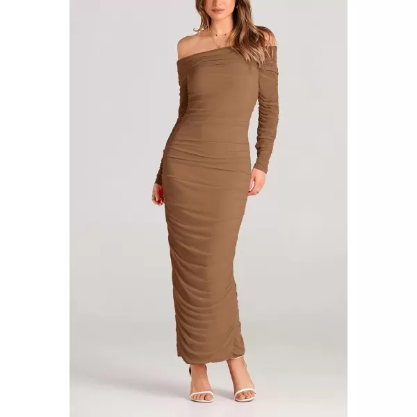 imagePRETTYGARDEN Womens Fall Off Shoulder Maxi Bodycon Dress Long Sleeve Ruched Fitted Club Dresses with SlitLight Brown