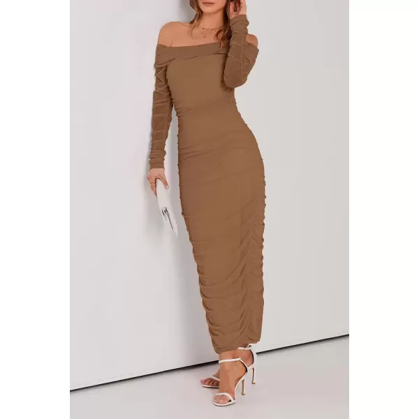 imagePRETTYGARDEN Womens Fall Off Shoulder Maxi Bodycon Dress Long Sleeve Ruched Fitted Club Dresses with SlitLight Brown