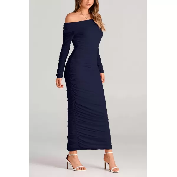 imagePRETTYGARDEN Womens Fall Off Shoulder Maxi Bodycon Dress Long Sleeve Ruched Fitted Club Dresses with SlitNavy