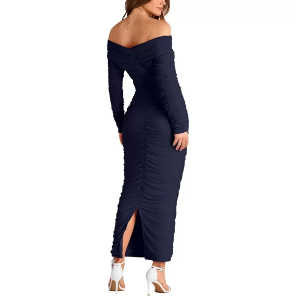imagePRETTYGARDEN Womens Fall Off Shoulder Maxi Bodycon Dress Long Sleeve Ruched Fitted Club Dresses with SlitNavy