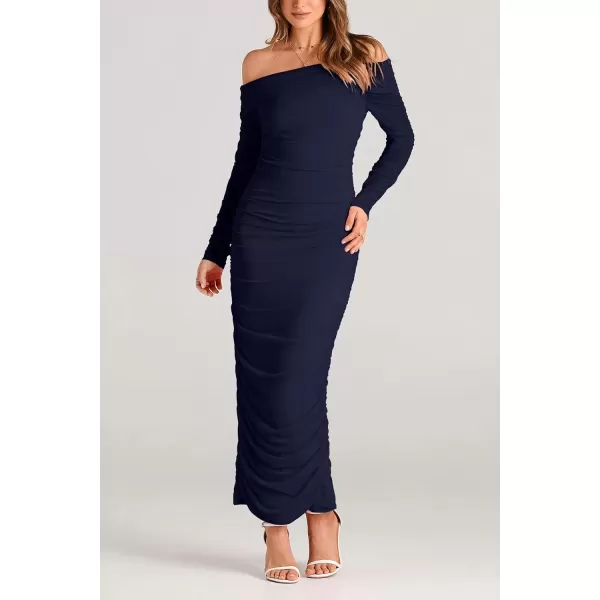 imagePRETTYGARDEN Womens Fall Off Shoulder Maxi Bodycon Dress Long Sleeve Ruched Fitted Club Dresses with SlitNavy
