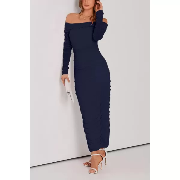 imagePRETTYGARDEN Womens Fall Off Shoulder Maxi Bodycon Dress Long Sleeve Ruched Fitted Club Dresses with SlitNavy