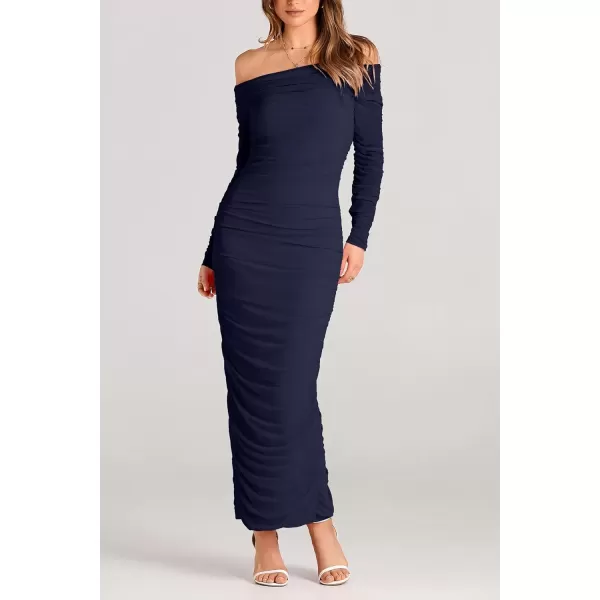 imagePRETTYGARDEN Womens Fall Off Shoulder Maxi Bodycon Dress Long Sleeve Ruched Fitted Club Dresses with SlitNavy