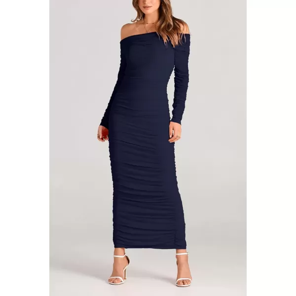 imagePRETTYGARDEN Womens Fall Off Shoulder Maxi Bodycon Dress Long Sleeve Ruched Fitted Club Dresses with SlitNavy