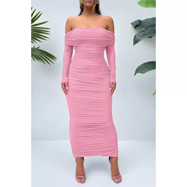 imagePRETTYGARDEN Womens Fall Off Shoulder Maxi Bodycon Dress Long Sleeve Ruched Fitted Club Dresses with SlitPink
