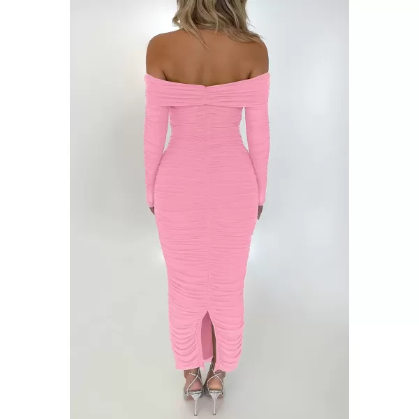 imagePRETTYGARDEN Womens Fall Off Shoulder Maxi Bodycon Dress Long Sleeve Ruched Fitted Club Dresses with SlitPink