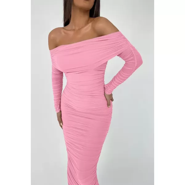 imagePRETTYGARDEN Womens Fall Off Shoulder Maxi Bodycon Dress Long Sleeve Ruched Fitted Club Dresses with SlitPink