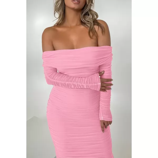 imagePRETTYGARDEN Womens Fall Off Shoulder Maxi Bodycon Dress Long Sleeve Ruched Fitted Club Dresses with SlitPink