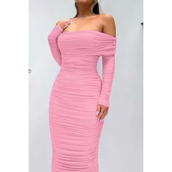 imagePRETTYGARDEN Womens Fall Off Shoulder Maxi Bodycon Dress Long Sleeve Ruched Fitted Club Dresses with SlitPink