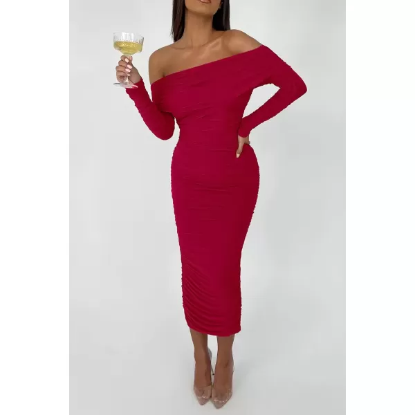 imagePRETTYGARDEN Womens Fall Off Shoulder Maxi Bodycon Dress Long Sleeve Ruched Fitted Club Dresses with SlitRed