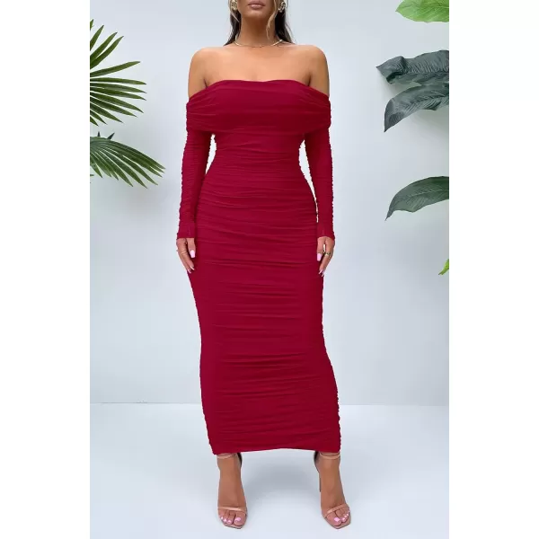 imagePRETTYGARDEN Womens Fall Off Shoulder Maxi Bodycon Dress Long Sleeve Ruched Fitted Club Dresses with SlitRed