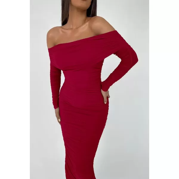 imagePRETTYGARDEN Womens Fall Off Shoulder Maxi Bodycon Dress Long Sleeve Ruched Fitted Club Dresses with SlitRed