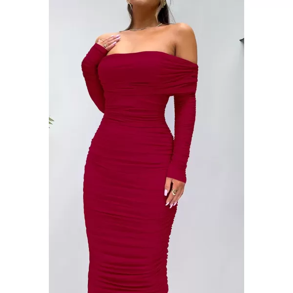 imagePRETTYGARDEN Womens Fall Off Shoulder Maxi Bodycon Dress Long Sleeve Ruched Fitted Club Dresses with SlitRed