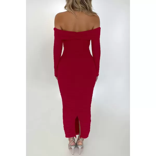 imagePRETTYGARDEN Womens Fall Off Shoulder Maxi Bodycon Dress Long Sleeve Ruched Fitted Club Dresses with SlitRed