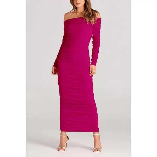 imagePRETTYGARDEN Womens Fall Off Shoulder Maxi Bodycon Dress Long Sleeve Ruched Fitted Club Dresses with SlitRose Red