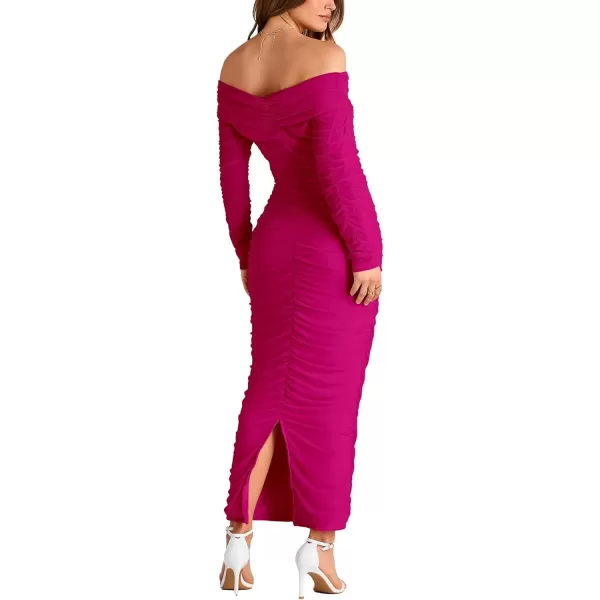 imagePRETTYGARDEN Womens Fall Off Shoulder Maxi Bodycon Dress Long Sleeve Ruched Fitted Club Dresses with SlitRose Red