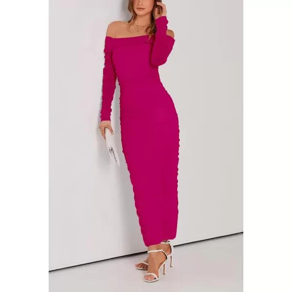 imagePRETTYGARDEN Womens Fall Off Shoulder Maxi Bodycon Dress Long Sleeve Ruched Fitted Club Dresses with SlitRose Red