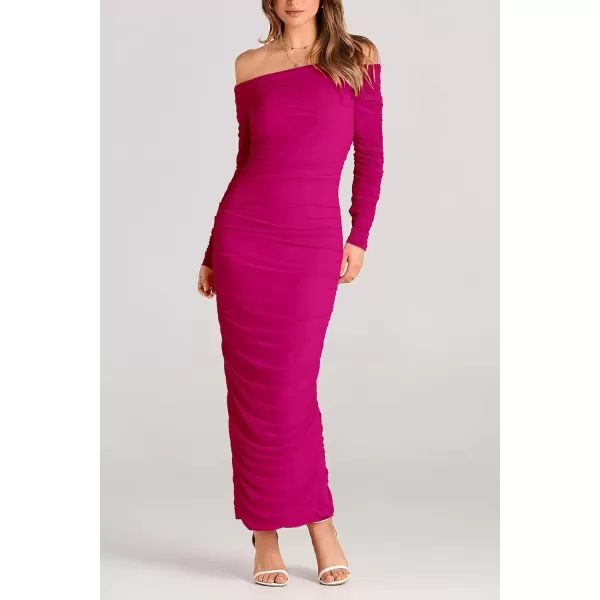 imagePRETTYGARDEN Womens Fall Off Shoulder Maxi Bodycon Dress Long Sleeve Ruched Fitted Club Dresses with SlitRose Red
