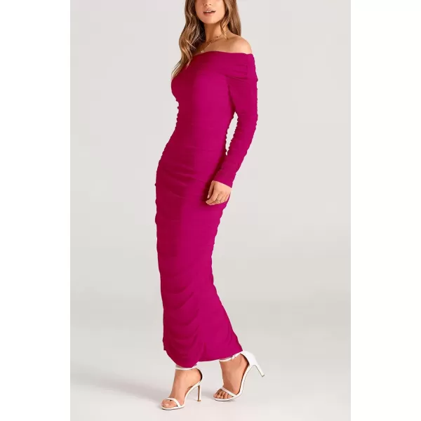 imagePRETTYGARDEN Womens Fall Off Shoulder Maxi Bodycon Dress Long Sleeve Ruched Fitted Club Dresses with SlitRose Red