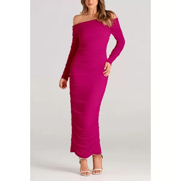 imagePRETTYGARDEN Womens Fall Off Shoulder Maxi Bodycon Dress Long Sleeve Ruched Fitted Club Dresses with SlitRose Red
