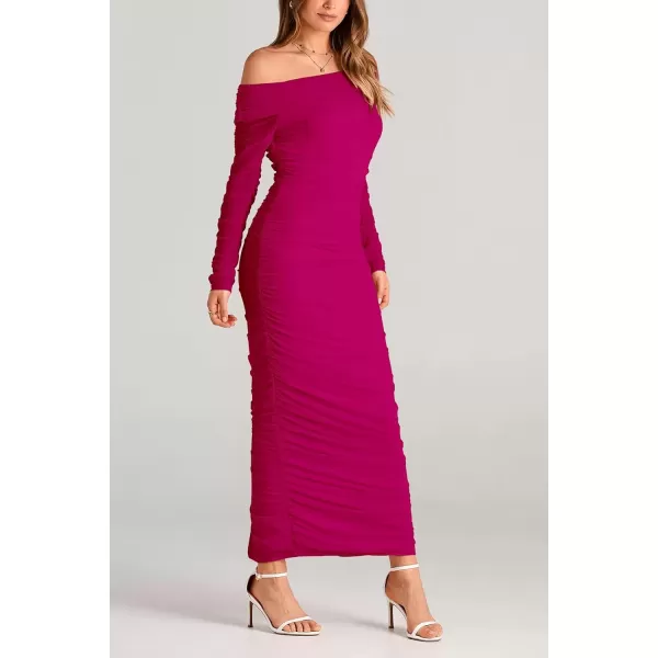 imagePRETTYGARDEN Womens Fall Off Shoulder Maxi Bodycon Dress Long Sleeve Ruched Fitted Club Dresses with SlitRose Red
