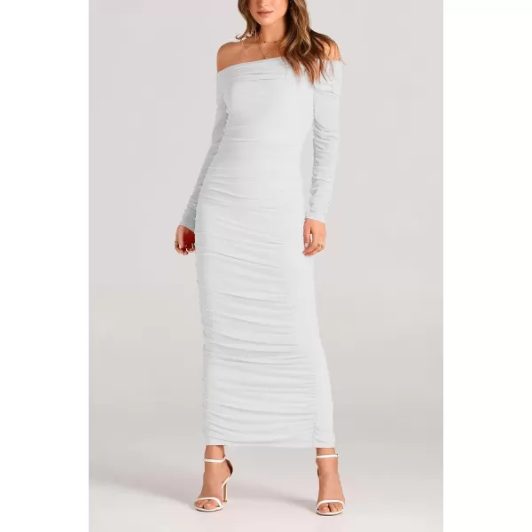 imagePRETTYGARDEN Womens Fall Off Shoulder Maxi Bodycon Dress Long Sleeve Ruched Fitted Club Dresses with SlitWhite