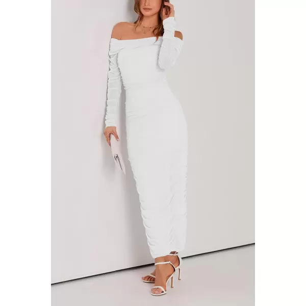 imagePRETTYGARDEN Womens Fall Off Shoulder Maxi Bodycon Dress Long Sleeve Ruched Fitted Club Dresses with SlitWhite