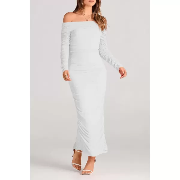 imagePRETTYGARDEN Womens Fall Off Shoulder Maxi Bodycon Dress Long Sleeve Ruched Fitted Club Dresses with SlitWhite