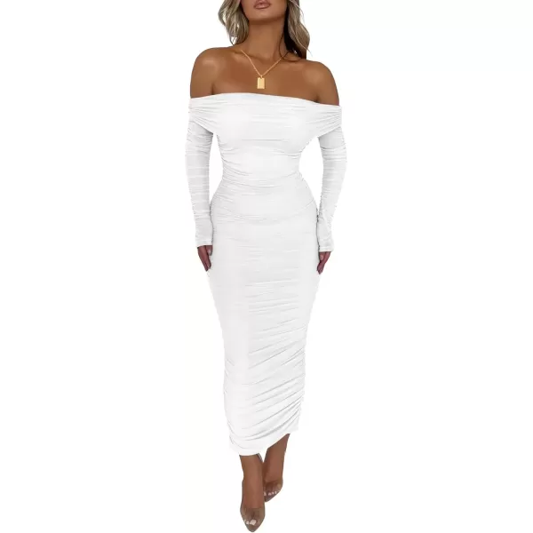 imagePRETTYGARDEN Womens Fall Off Shoulder Maxi Bodycon Dress Long Sleeve Ruched Fitted Club Dresses with SlitWhite