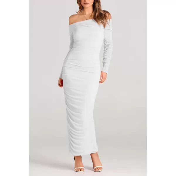imagePRETTYGARDEN Womens Fall Off Shoulder Maxi Bodycon Dress Long Sleeve Ruched Fitted Club Dresses with SlitWhite