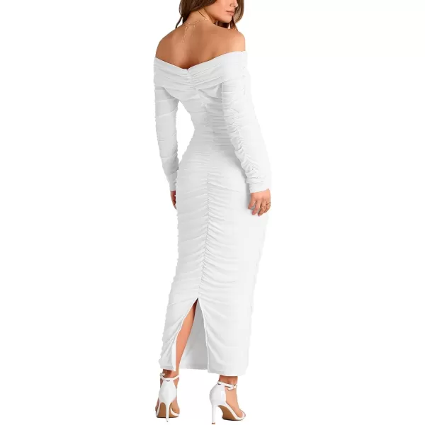 imagePRETTYGARDEN Womens Fall Off Shoulder Maxi Bodycon Dress Long Sleeve Ruched Fitted Club Dresses with SlitWhite