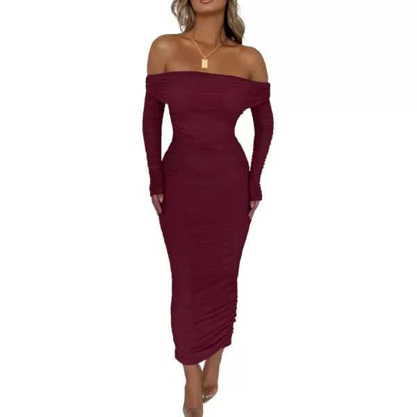 imagePRETTYGARDEN Womens Fall Off Shoulder Maxi Bodycon Dress Long Sleeve Ruched Fitted Club Dresses with SlitWine Red