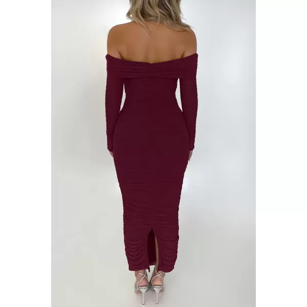 imagePRETTYGARDEN Womens Fall Off Shoulder Maxi Bodycon Dress Long Sleeve Ruched Fitted Club Dresses with SlitWine Red