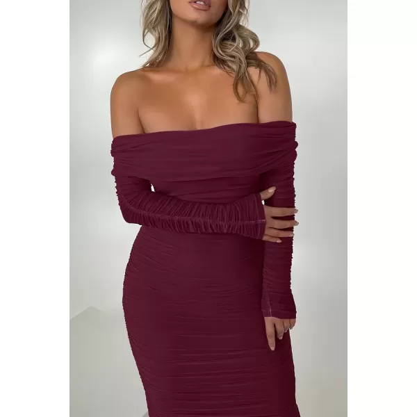 imagePRETTYGARDEN Womens Fall Off Shoulder Maxi Bodycon Dress Long Sleeve Ruched Fitted Club Dresses with SlitWine Red