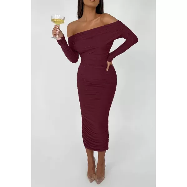 imagePRETTYGARDEN Womens Fall Off Shoulder Maxi Bodycon Dress Long Sleeve Ruched Fitted Club Dresses with SlitWine Red