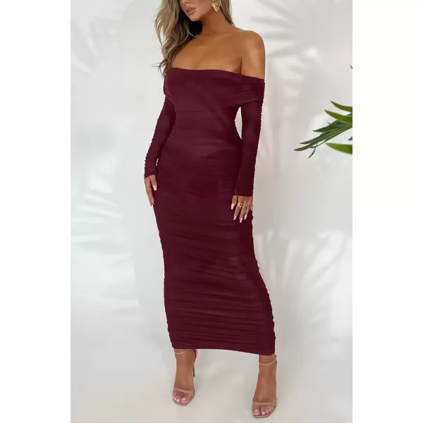 imagePRETTYGARDEN Womens Fall Off Shoulder Maxi Bodycon Dress Long Sleeve Ruched Fitted Club Dresses with SlitWine Red