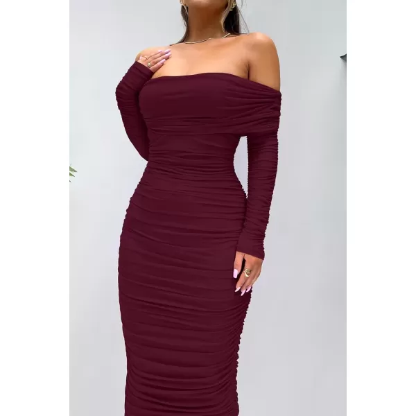 imagePRETTYGARDEN Womens Fall Off Shoulder Maxi Bodycon Dress Long Sleeve Ruched Fitted Club Dresses with SlitWine Red