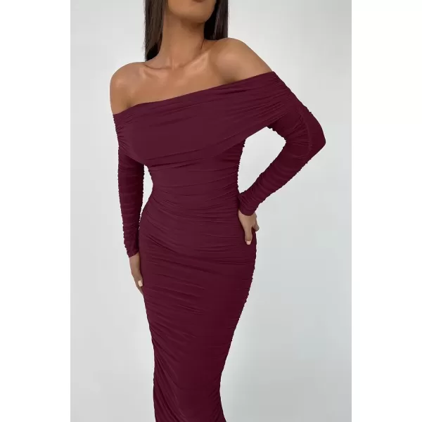 imagePRETTYGARDEN Womens Fall Off Shoulder Maxi Bodycon Dress Long Sleeve Ruched Fitted Club Dresses with SlitWine Red