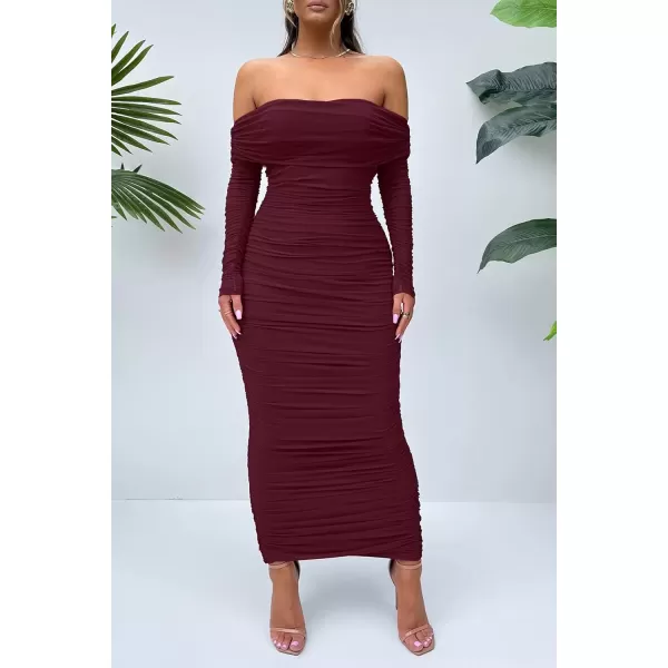 imagePRETTYGARDEN Womens Fall Off Shoulder Maxi Bodycon Dress Long Sleeve Ruched Fitted Club Dresses with SlitWine Red