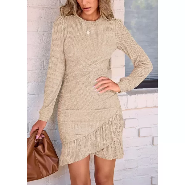 imagePRETTYGARDEN Womens Fall Ruched Bodycon Mini Dress Long Puff Sleeve Ruffle Fitted Cocktail Party DressesBeige