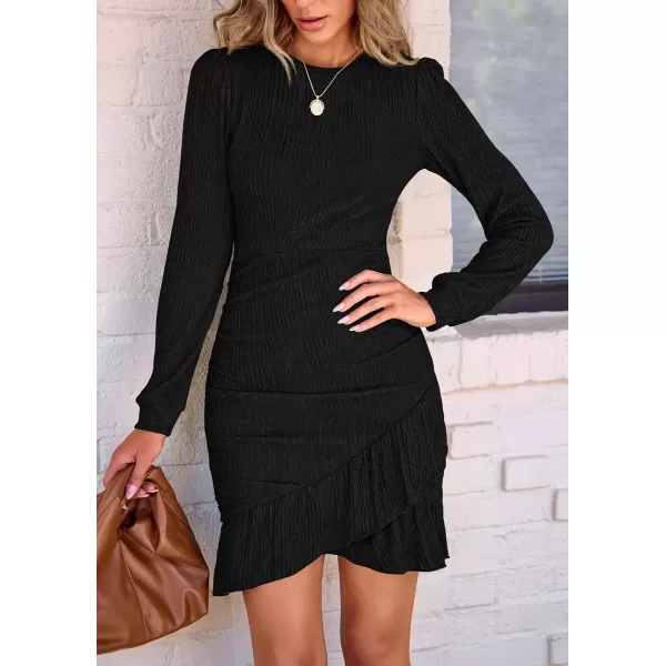 imagePRETTYGARDEN Womens Fall Ruched Bodycon Mini Dress Long Puff Sleeve Ruffle Fitted Cocktail Party DressesBlack