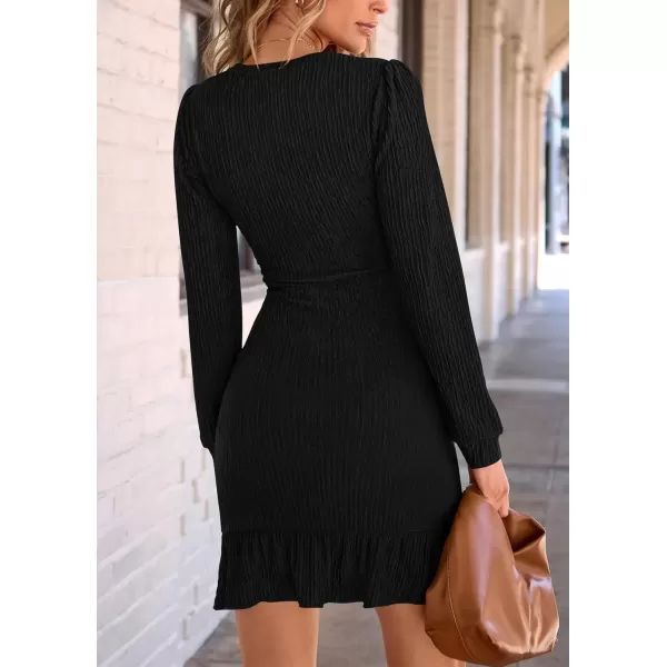 imagePRETTYGARDEN Womens Fall Ruched Bodycon Mini Dress Long Puff Sleeve Ruffle Fitted Cocktail Party DressesBlack