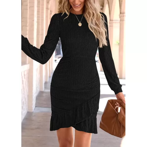 imagePRETTYGARDEN Womens Fall Ruched Bodycon Mini Dress Long Puff Sleeve Ruffle Fitted Cocktail Party DressesBlack