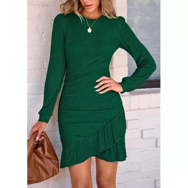 imagePRETTYGARDEN Womens Fall Ruched Bodycon Mini Dress Long Puff Sleeve Ruffle Fitted Cocktail Party DressesGreen