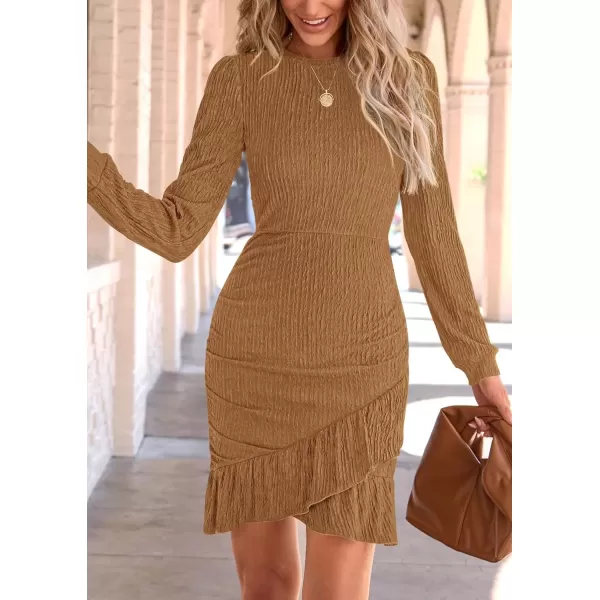 imagePRETTYGARDEN Womens Fall Ruched Bodycon Mini Dress Long Puff Sleeve Ruffle Fitted Cocktail Party DressesKhaki