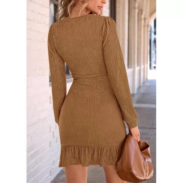imagePRETTYGARDEN Womens Fall Ruched Bodycon Mini Dress Long Puff Sleeve Ruffle Fitted Cocktail Party DressesKhaki