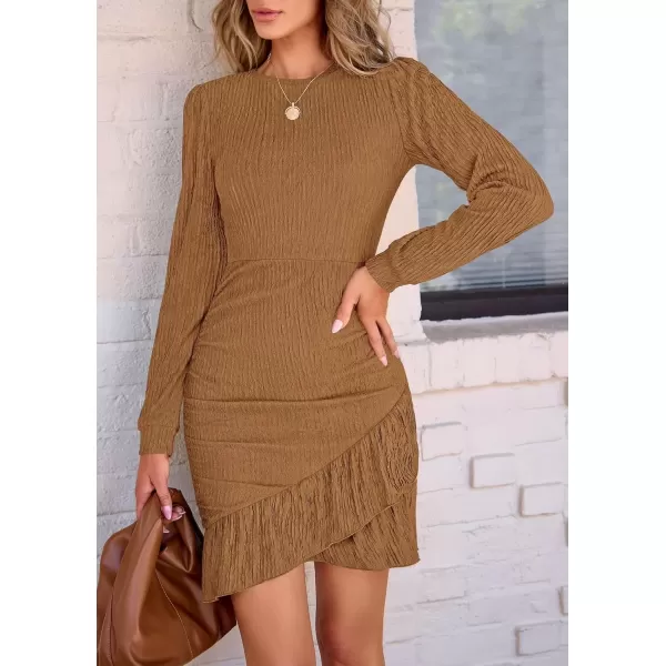 imagePRETTYGARDEN Womens Fall Ruched Bodycon Mini Dress Long Puff Sleeve Ruffle Fitted Cocktail Party DressesKhaki