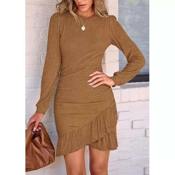 imagePRETTYGARDEN Womens Fall Ruched Bodycon Mini Dress Long Puff Sleeve Ruffle Fitted Cocktail Party DressesKhaki