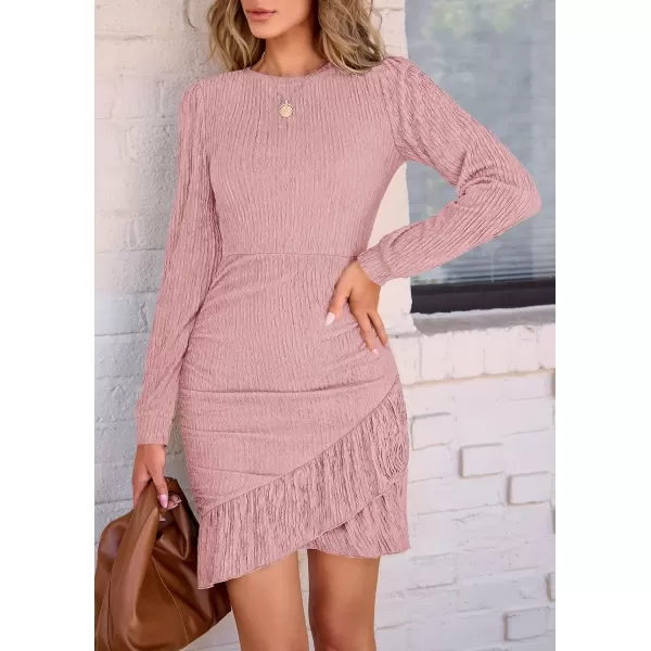 imagePRETTYGARDEN Womens Fall Ruched Bodycon Mini Dress Long Puff Sleeve Ruffle Fitted Cocktail Party DressesPink